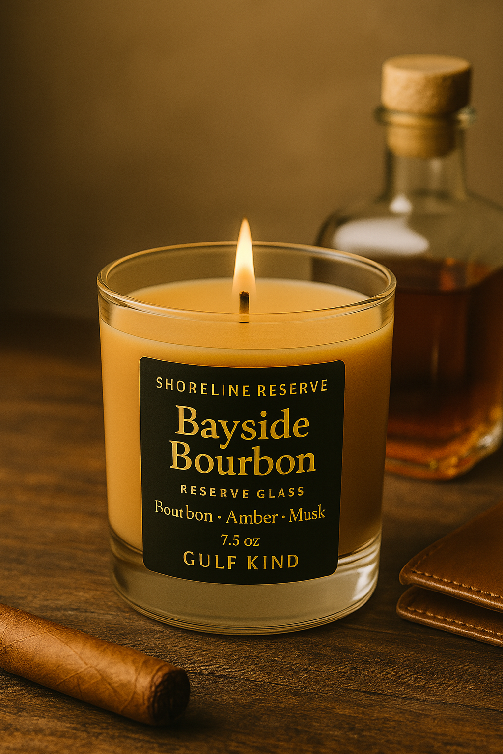 Bayside Bourbon Candle – Bourbon, Amber & Musk Scent | Masculine Soy Candle in Reusable Rocks Glass – Gift for Him by Gulf Kind