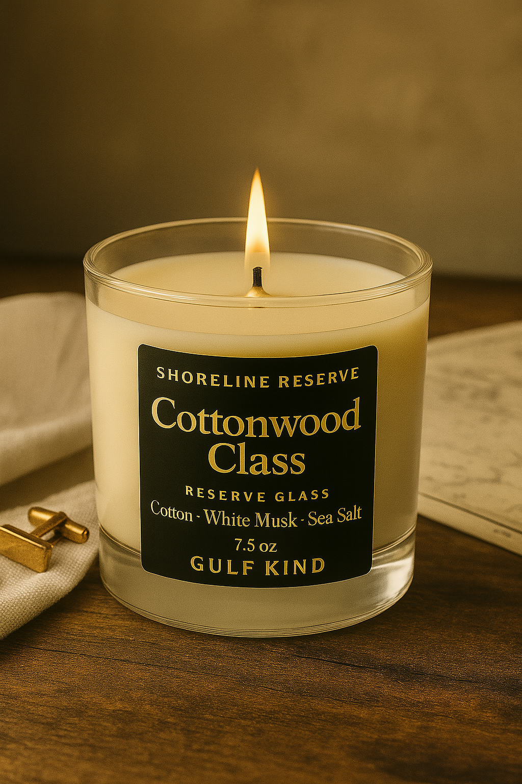 Cottonwood Class Candle – Cotton, White Musk & Sea Salt Scent | Coastal Soy Candle in Reusable Glass – Gift for Him by Gulf Kind