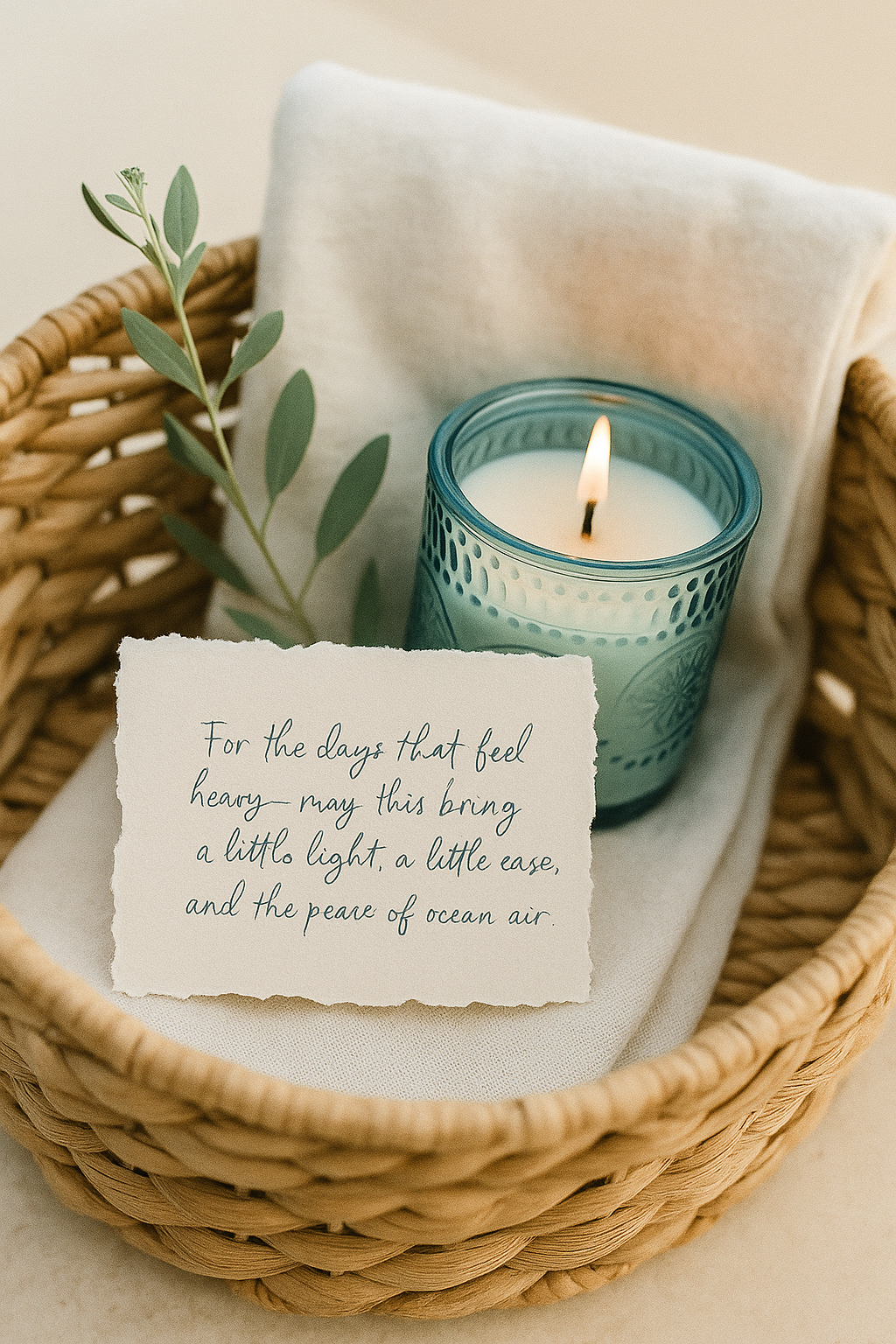A woven gift basket sits on a neutral surface, holding a lit blue glass candle, a soft folded linen towel, a sprig of greenery, and a handwritten note. The note reads: “For the days that feel heavy—may this bring a little light, a little ease, and the peace of ocean air.” The scene is serene and coastal-inspired, evoking warmth and comfort.