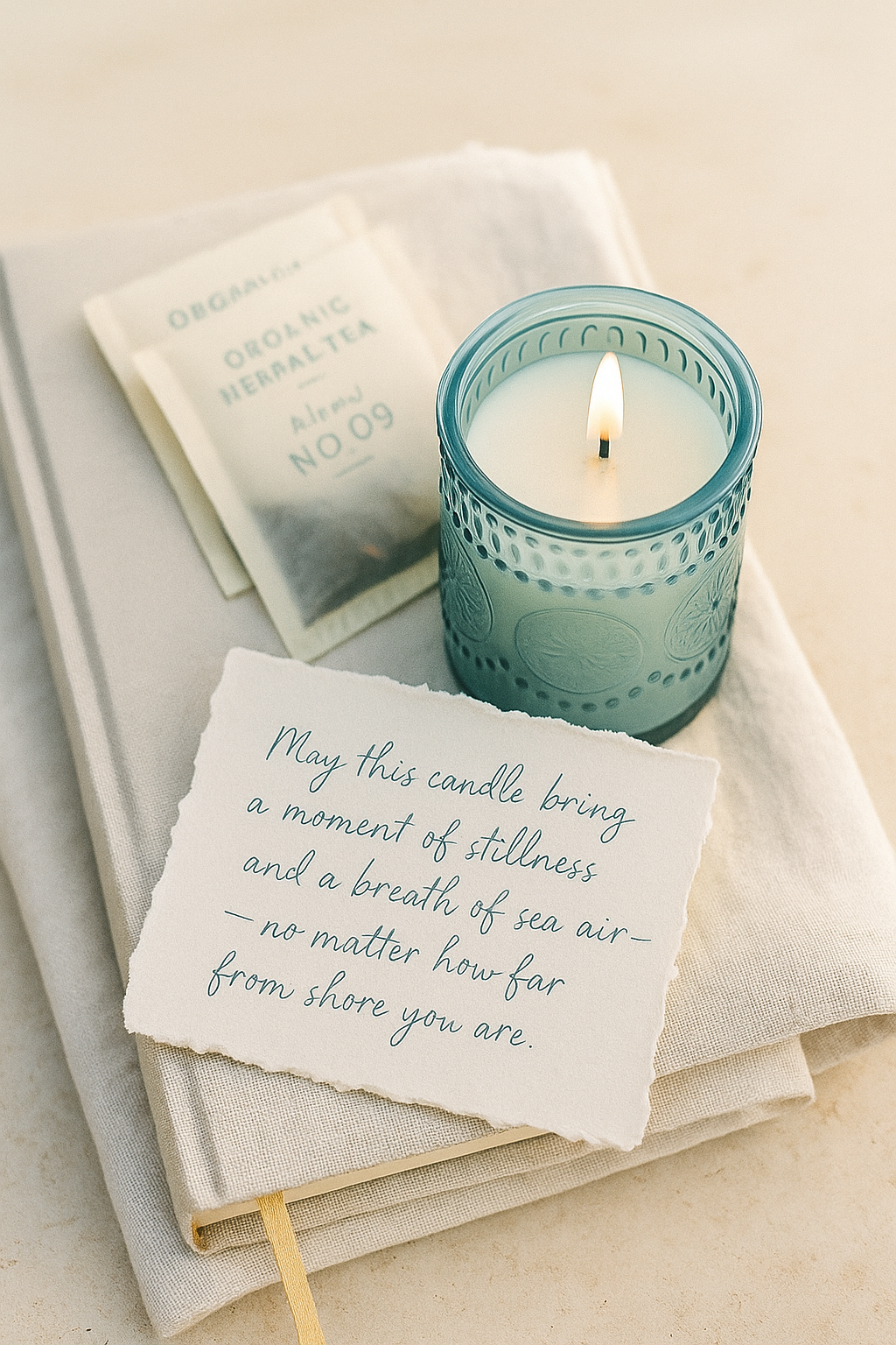 A soothing gift arrangement rests on a neutral surface, featuring a lit blue glass candle, a linen-covered journal, two packets of organic herbal tea, and a handwritten note. The note reads: “May this candle bring a moment of stillness and a breath of sea air—no matter how far from shore you are.” The overall aesthetic is calm, coastal, and comforting.